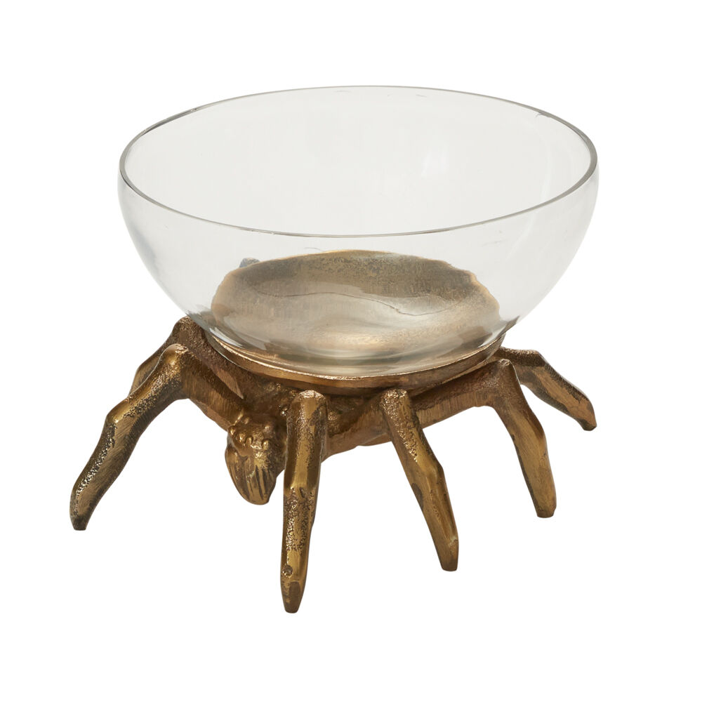 Arachnid serving bowl, clear glass bowl on an antique-gold spider base