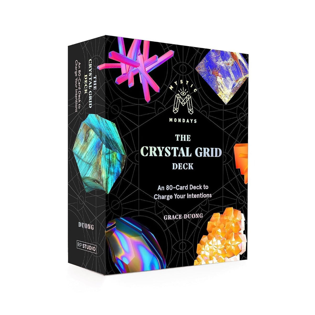 Mystic Mondays The Crystal Grid Deck box, black with colorful crystal illustrations, by Grace Duong