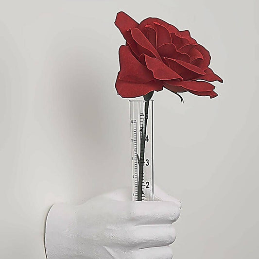 White vase hand wall hook holding a glass tube vase with a single red rose, square crop