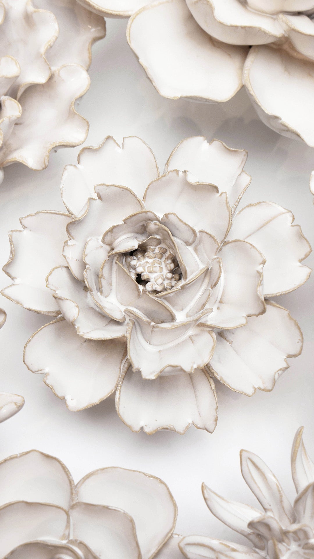 Ivory Rose among other ivory ceramic flowers on a white wall