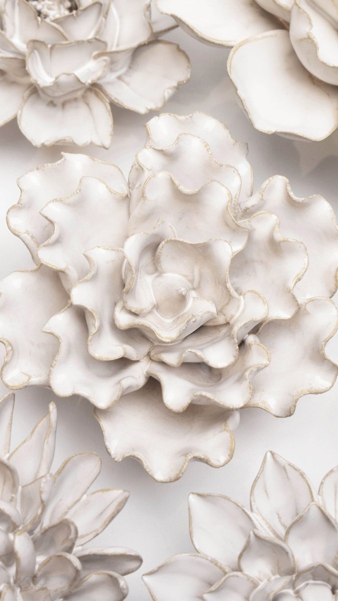 Ivory Sea Lettuce on a white wall among other ivory ceramic flowers