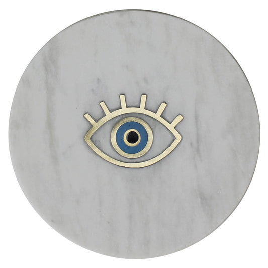 White marble tray with brass eye inlaid. 