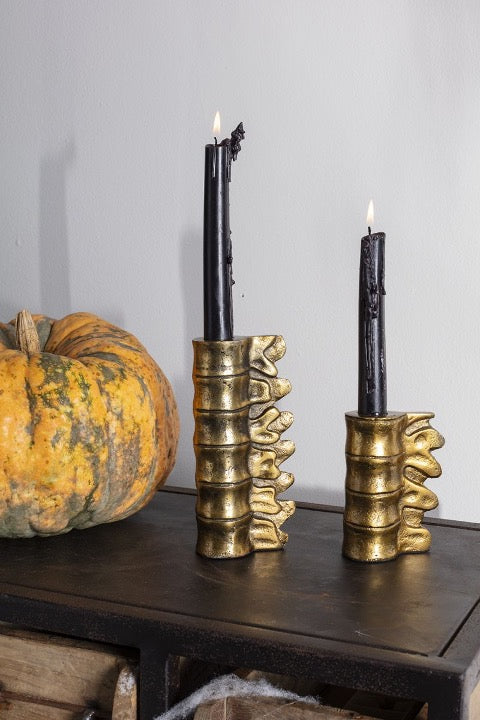 Metal lumbar candle holders in brass finish with black taper candles. 