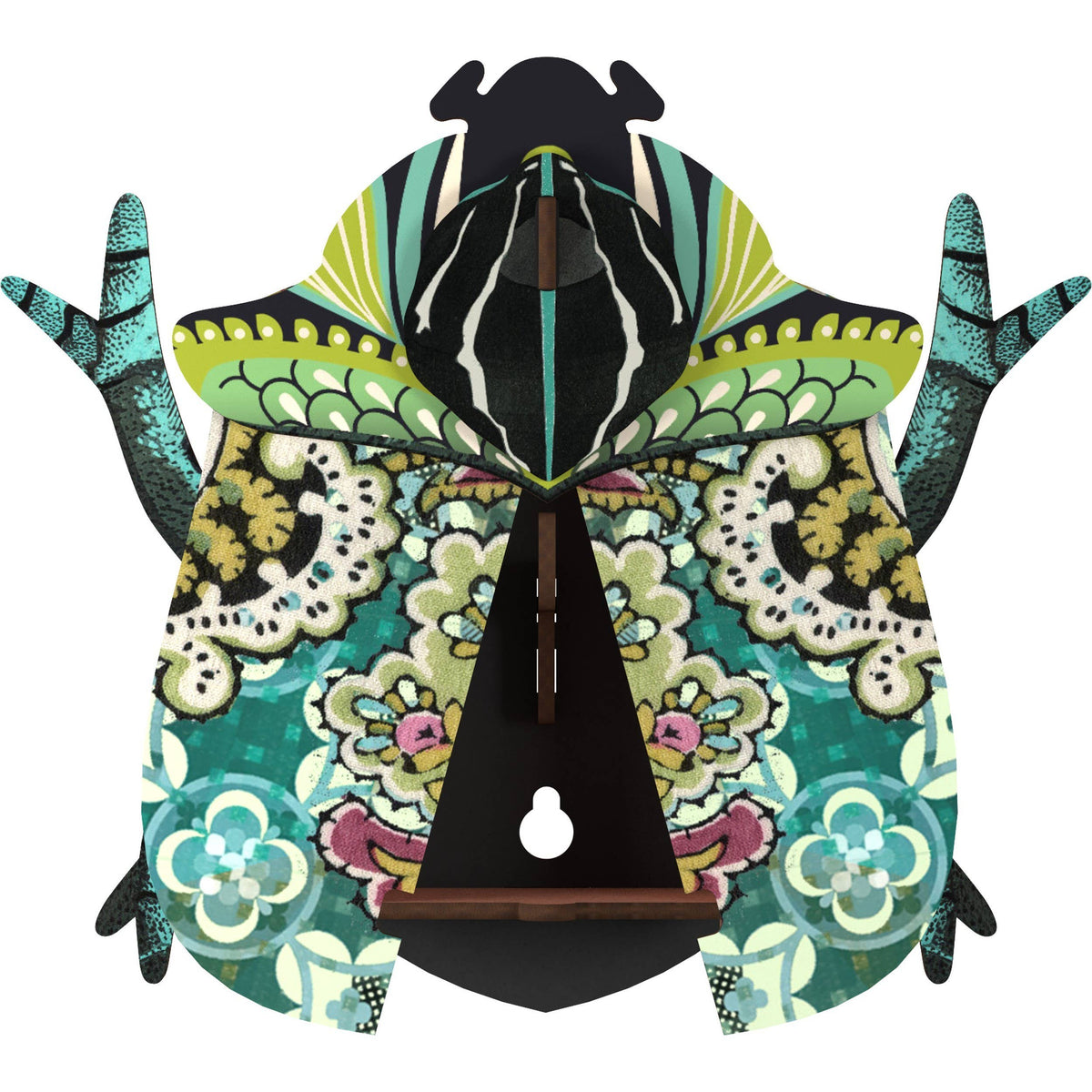 Bill beetle opened to show the hidden storage shelf and keyhole hanger inside