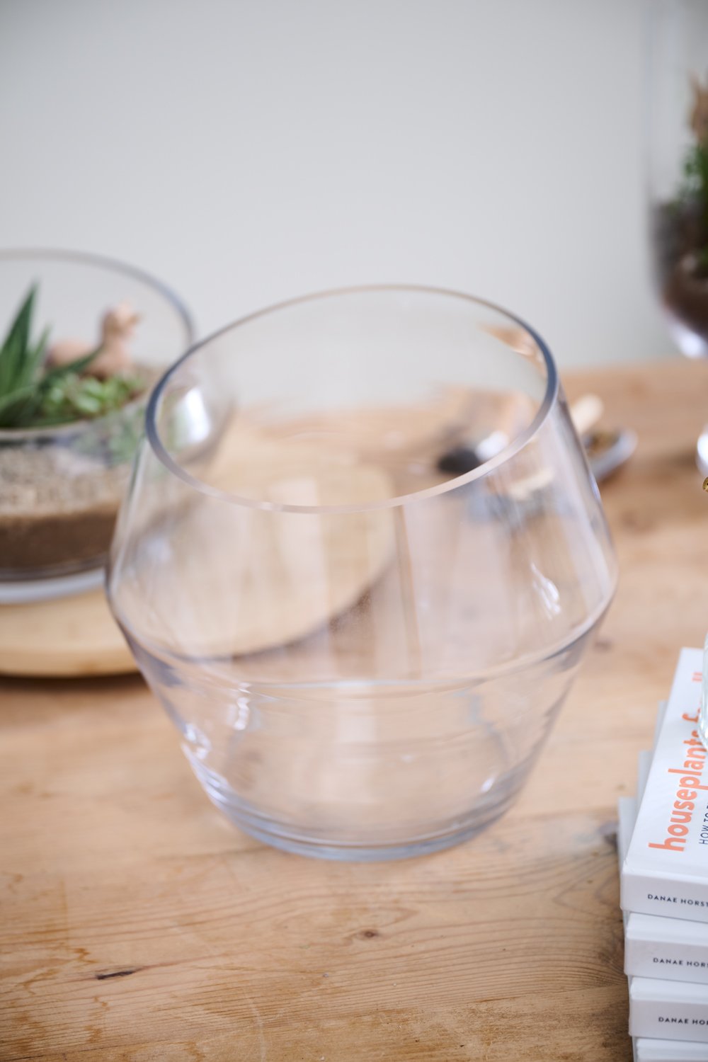Empty tall Dynamic terrarium on a wood table with a planted terrarium in the background