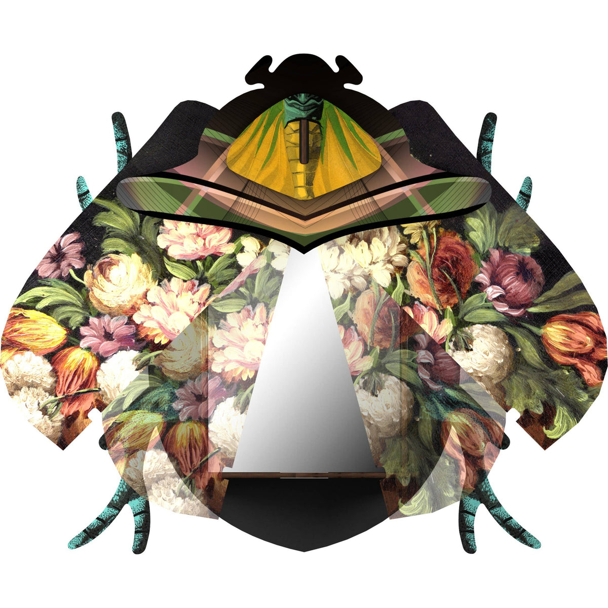 Keith beetle box with its floral wing doors swung open to reveal a mirror inside