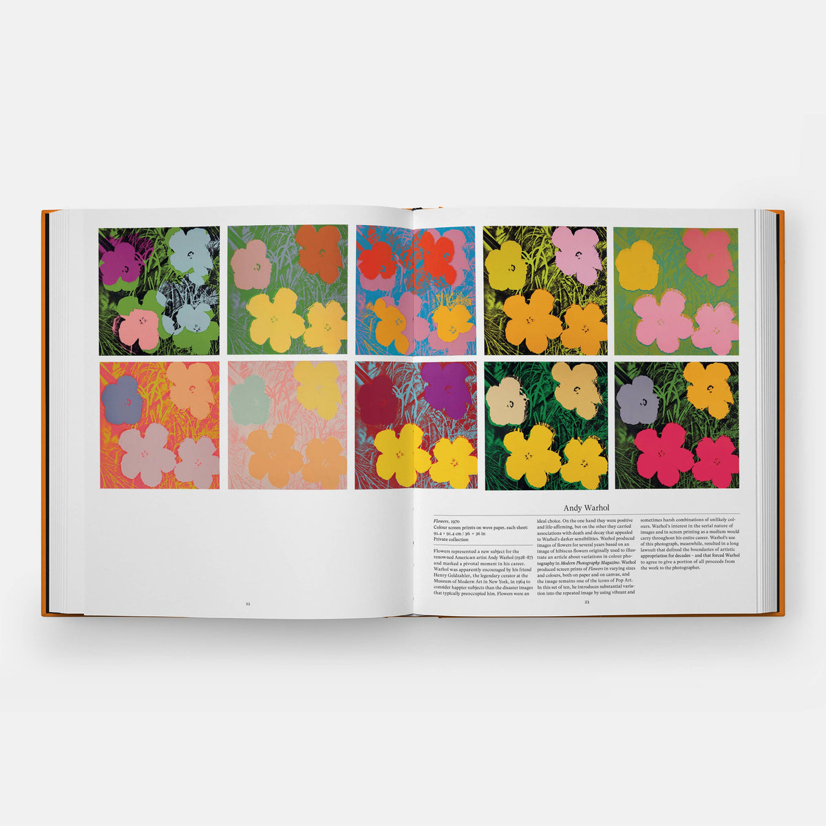 Open Flower book spread showing ten Andy Warhol Flowers prints in a grid of bright colors