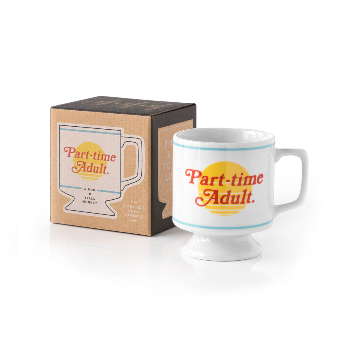 Part-time Adult pedestal mug beside its kraft gift box printed with the mug design