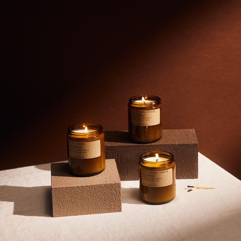Three P.F. Candle Co. amber jar candles, Spruce, Apple Picking and Spiced Pumpkin, lit on textured clay blocks against a deep rust backdrop