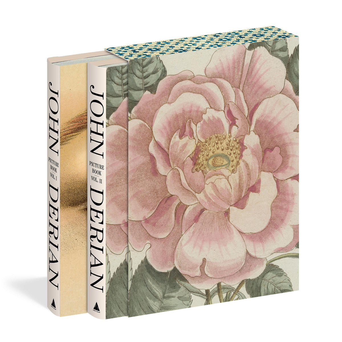The Picture Book Collection slipcase with both volumes pulled forward, showing the Vol. I and Vol. II spines beside the pink peony cover