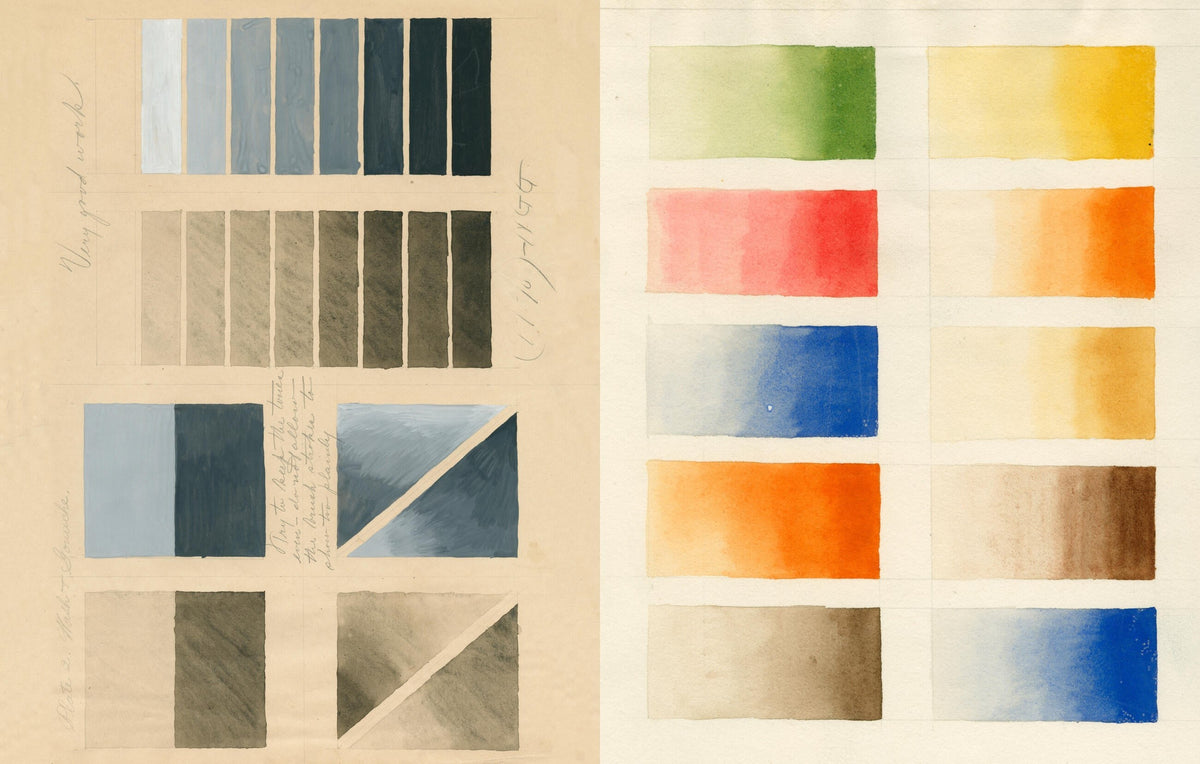 Inside Picture Book II: antique watercolor swatch charts in grays, blues, reds, yellows and browns