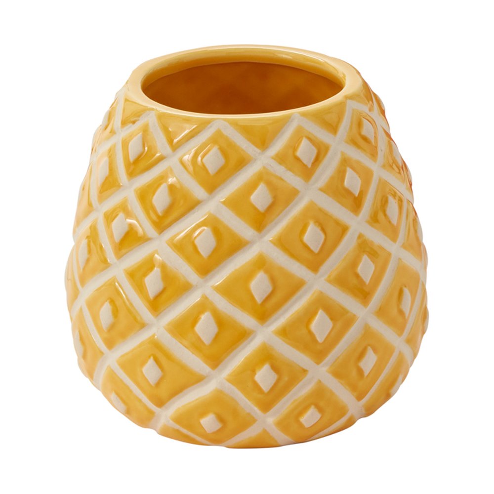 Golden yellow ceramic pineapple vase with a raised diamond pattern outlined in cream
