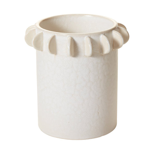 Large Reverie canister in off-white crackle-textured glaze with a ring of hand-applied tabs at the rim