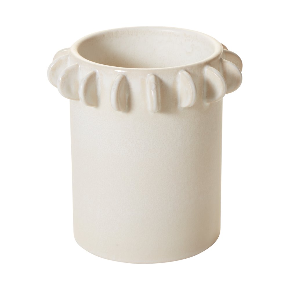 Small Reverie canister in off-white reactive glaze with hand-applied scalloped tabs around the rim