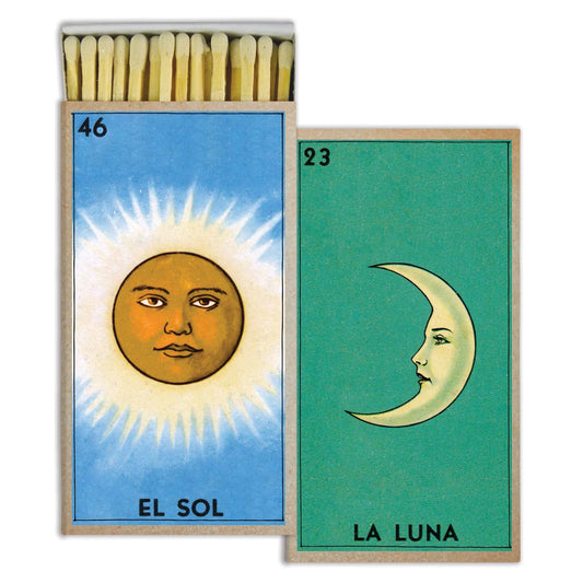 Box of matches with la luna illustration on one side and el sol illustration on other side 