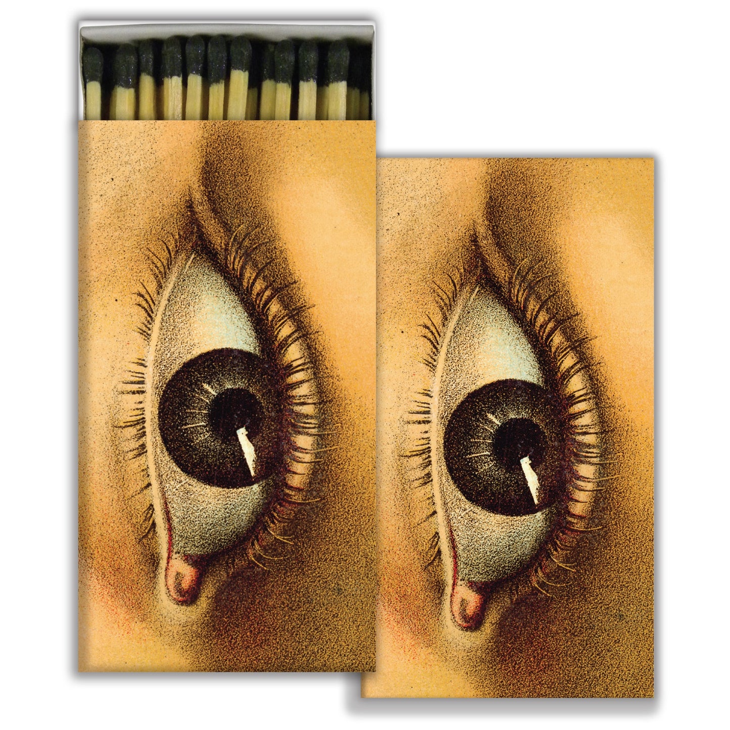 Box of matches with close-up of female eye illustration
