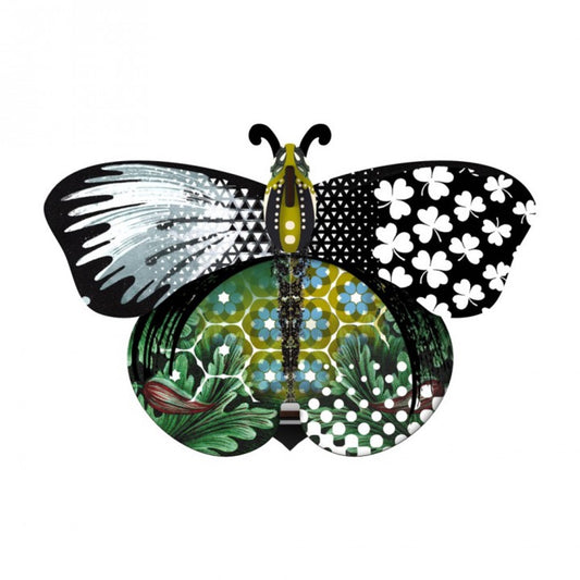 Aida butterfly wall cabinet with collage of patterns in green, black, and blue