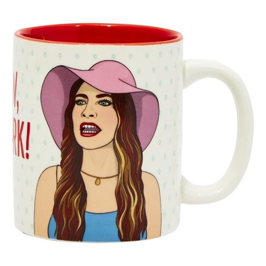 Alexis Rose illustration on mug with red color inside. 