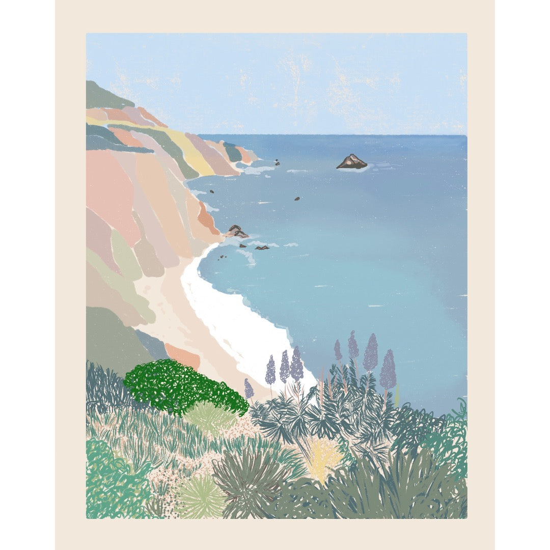 Colorful print features a dreamy view of Big Sur, CA.  Original artwork from Walker Noble Studios. 