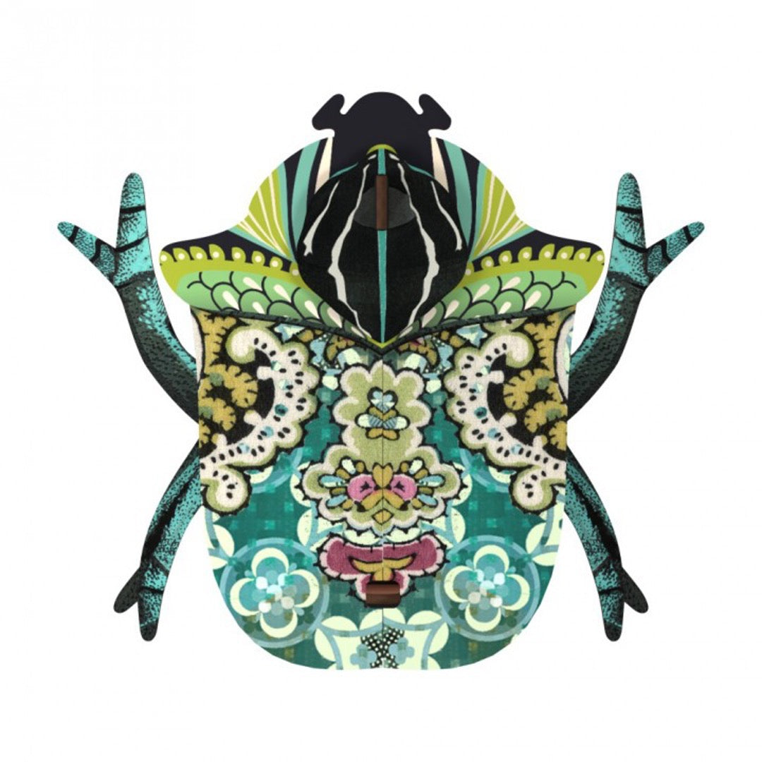 Bill beetle wall cabinet, collage of green, blue, magenta patterns