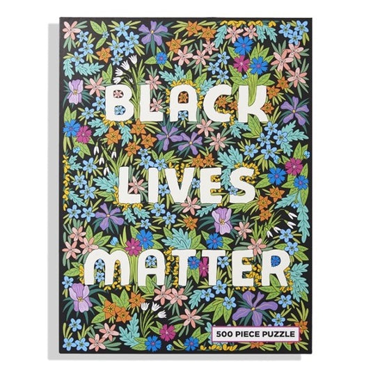 Black Lives Matter puzzle with colorful wildflowers pattern. 