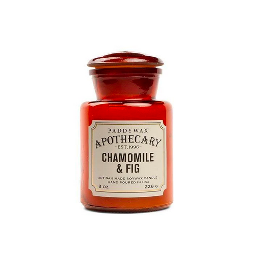 Chamomile and fig 8 ounce candle in amber glass apothecary jar with lid