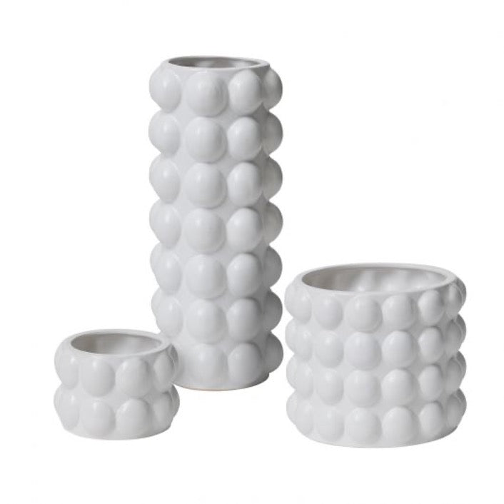 Collection of modern bubble vase and pots in matte white.