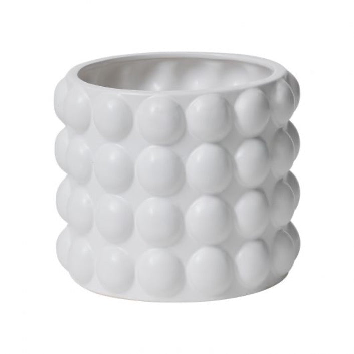 Modern bubble pot in matte white with four rows of bubbles.