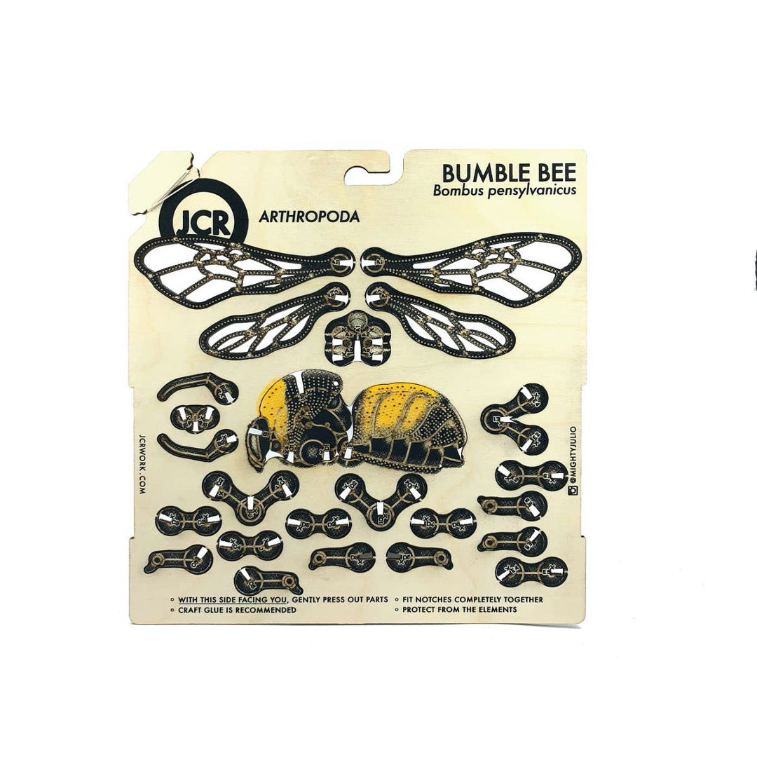 Flat unassembled model of bumble bee, screen printed on birch wood