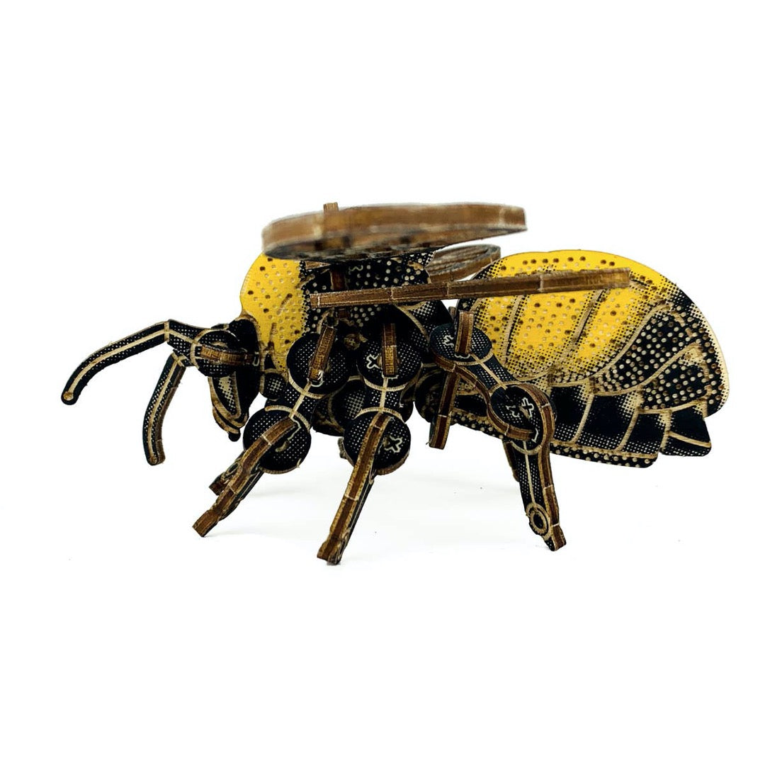 side view of 3d bumblebee model, screen printed with yellow and black details