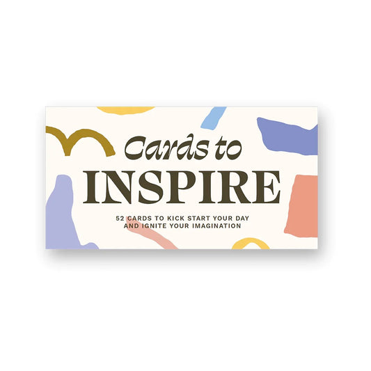 Top of card box with black text that reads "Cards To Inspire: 52 cards to kick start your day and ignite your imagination"