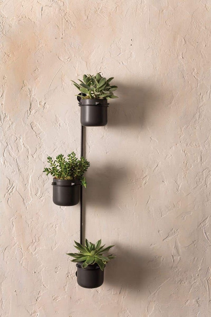 Hanging pot holder with three black pots with succulents