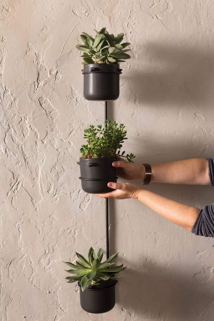 Hanging pot holder with three black pots with succulents and hands placing the pot