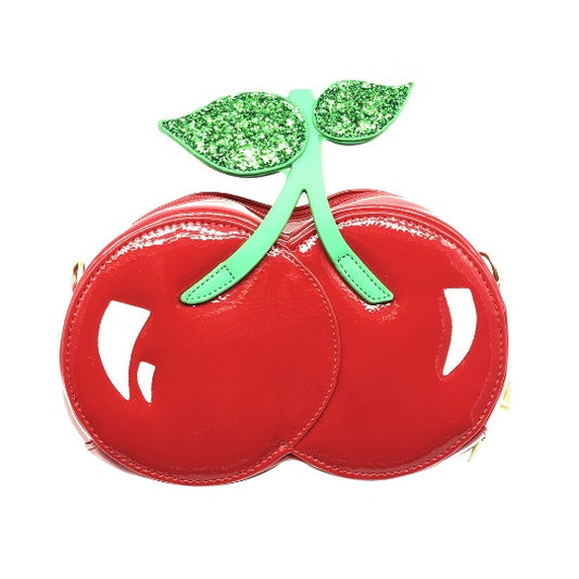 Cherry novelty handbag in red artificial leather with strap.