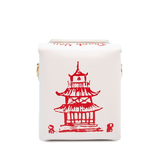 Chinese takeout box novelty handbag with leather strap.