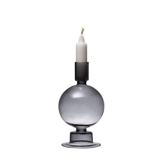 Grey glass bud vase and taper holder. with white candle