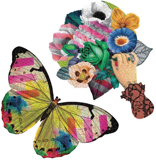 Butterfly shaped puzzle and whimsical floral and hand puzzle pattern.