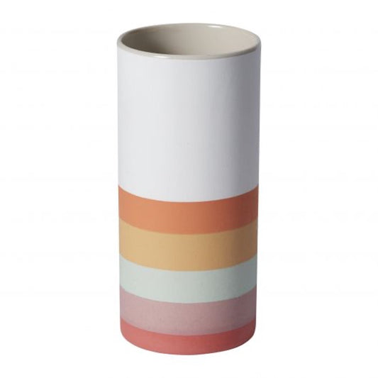 Cylinder vase with rainbow strips on bottom half and white on top half, all in matte finish.