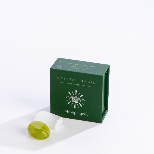 Green box with 1 jade stone and 1 selenite stone