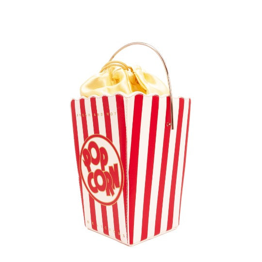 Popcorn box novelty handbag with gold drawstring closure and metal top handle.