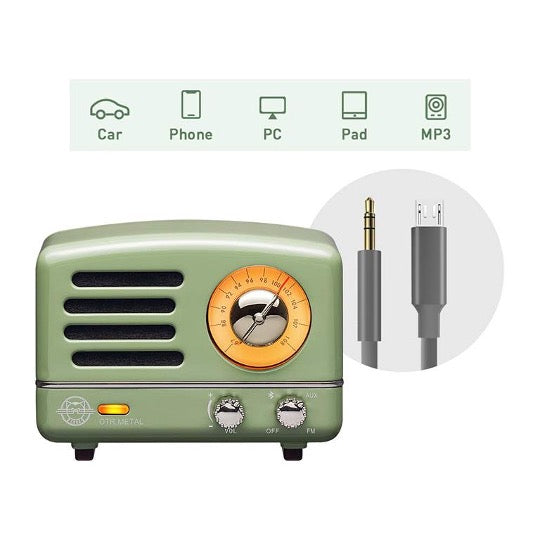 Green OTR metal speaker with images of cable and adaptable sources. 