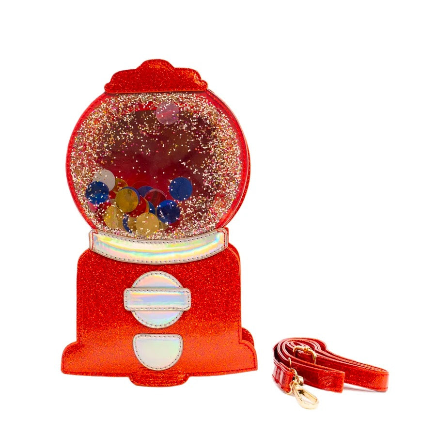 Classic red gumball machine novelty handbag with pink strap. 