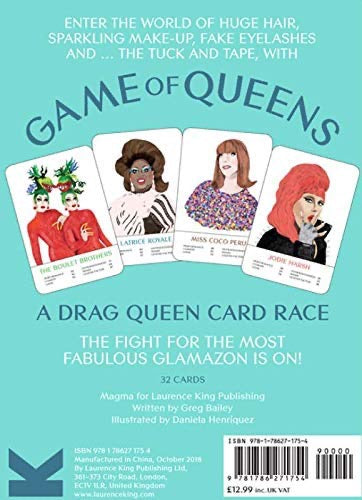 Illustration of four drag queens cards, teal background. Game of Queens text on back of box
