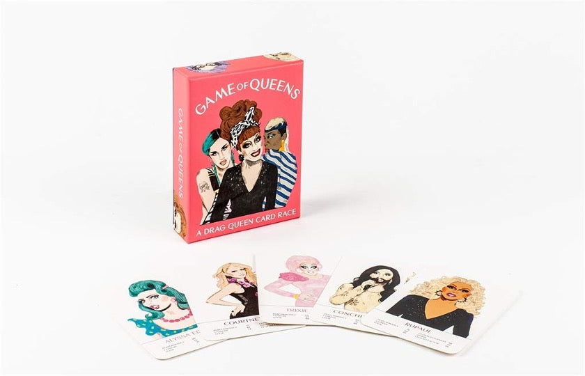 Box of Game of Queens with five cards illustrations of drag queens.