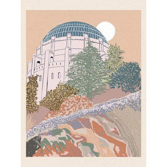 Colorful print features a dreamy view of Griffith Park Observatory.  Original artwork from Walker Noble Studios. 