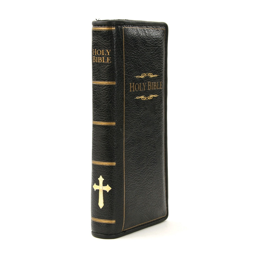 Spine view of Holy Bible wallet in black. 