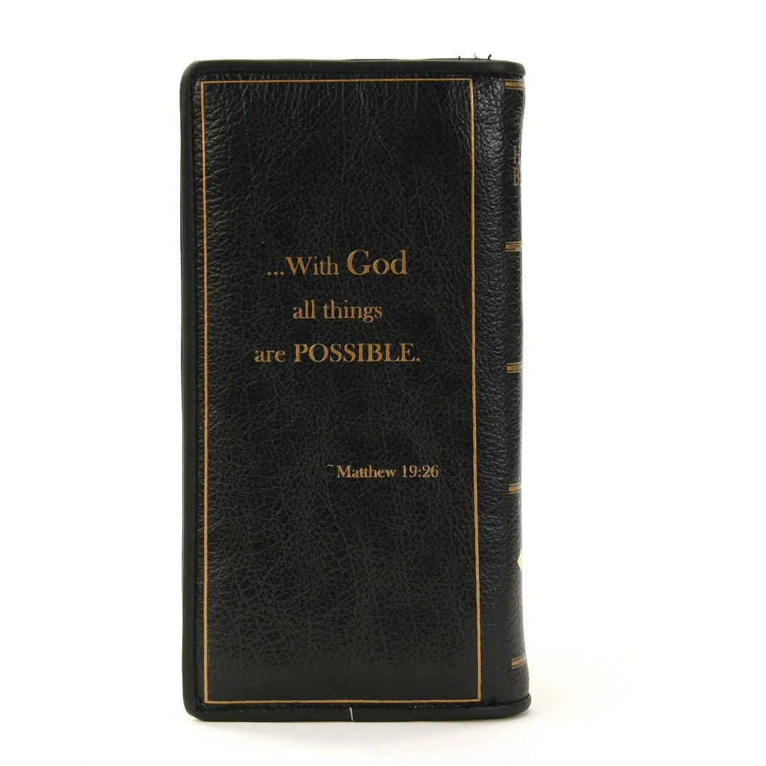 Back view of Holy Bible wallet in black. 