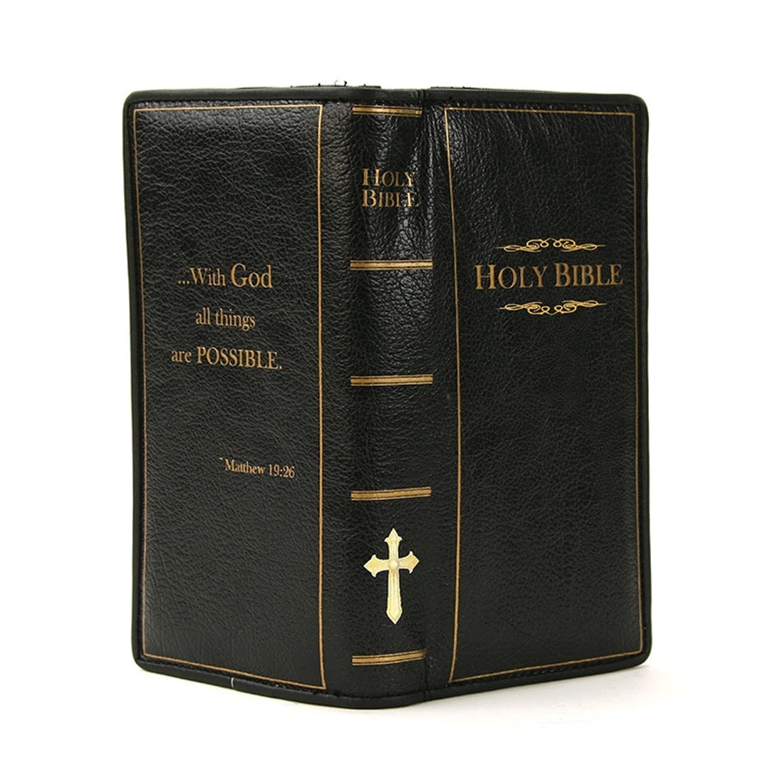 Open view of Holy Bible wallet in black. 
