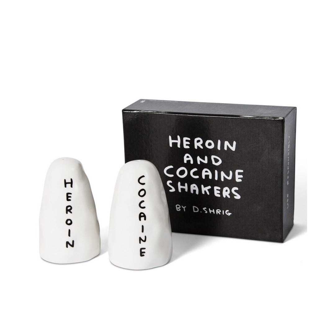 Heroin and cocaine salt and pepper shakers by David Shrig