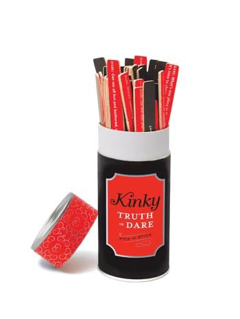 kinky truth or dare game - red and black tube with assorted red and black sticks. Lid tilted on side